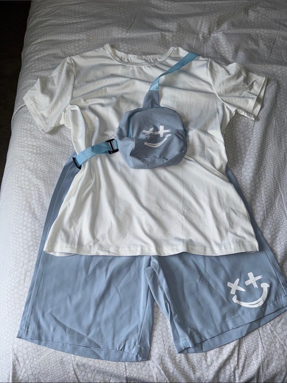 SHEIN White Tee with Light Blue Shorts & Cross-Eye Smiley Sling Bag